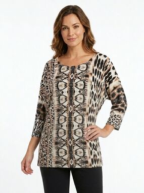 Joseph Ribkoff Animal Print Scoop Neck Tunic Top in Brown and Black Size XL